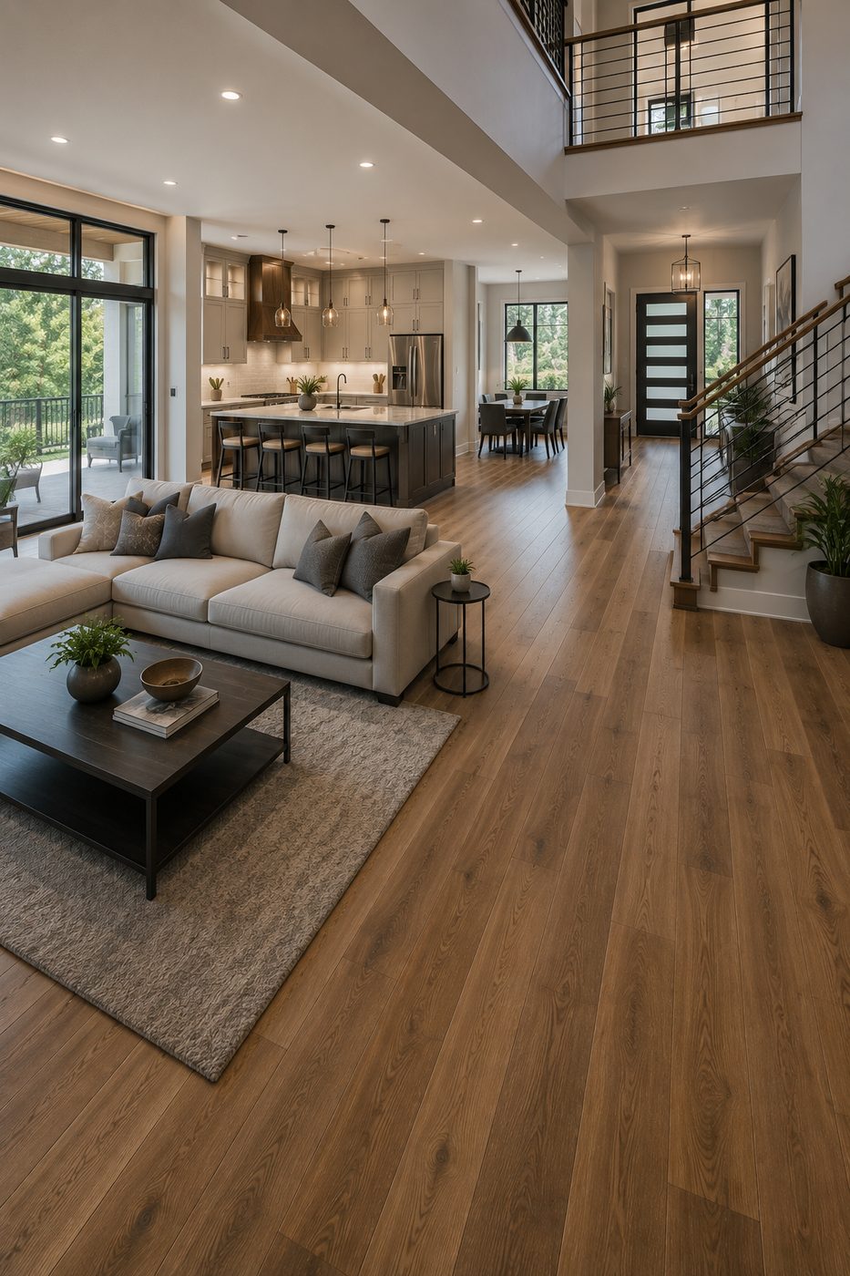 Whole house remodel with open-plan living room, kitchen and staircase on hardwood floors in Seattle