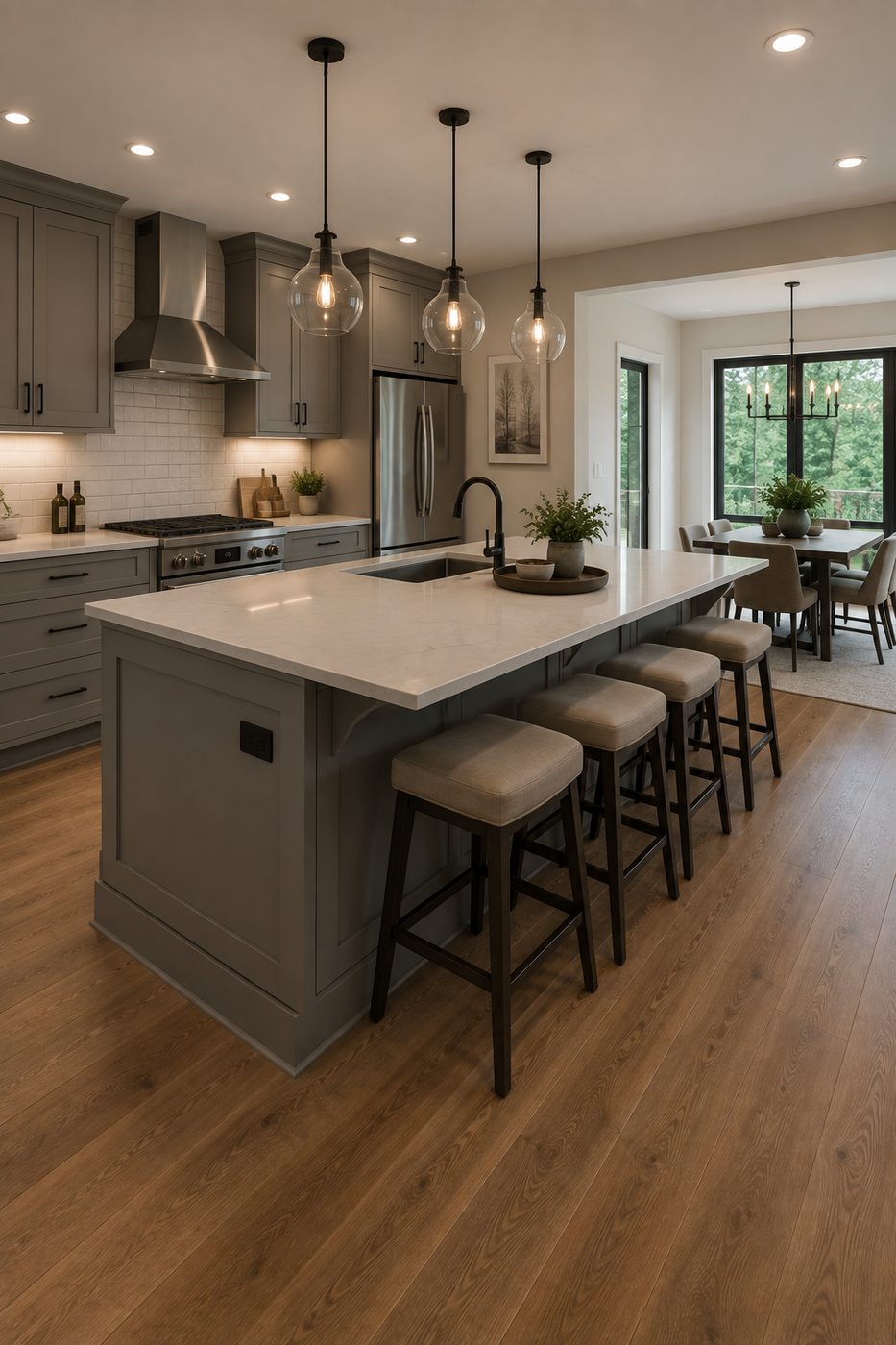 Remodeled kitchen with gray cabinets, quartz island and bar stools in Seattle