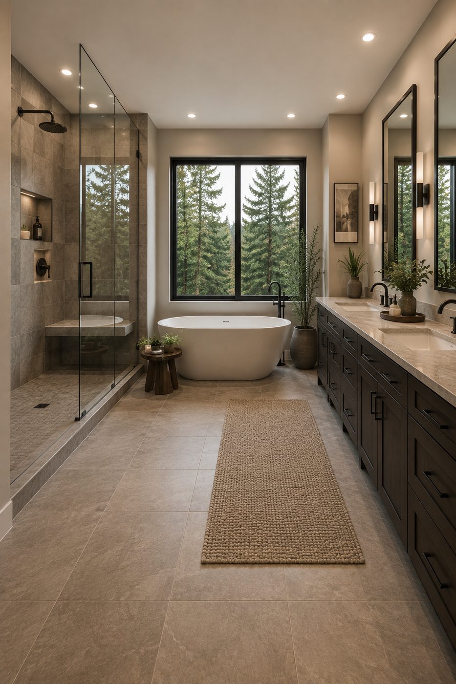 Remodeled bathroom with freestanding tub, glass shower and double vanity in Seattle